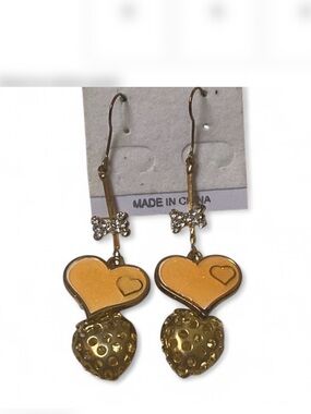 Rhinestone Bow Double Heart Dangle Sunset Orange Statement Drop Earrings